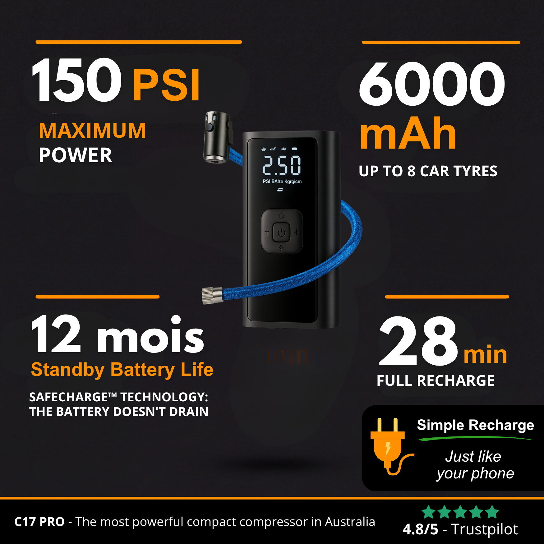 C17 PRO | Powerful Portable Air Compressor – Compact, Lightweight and Rechargeable