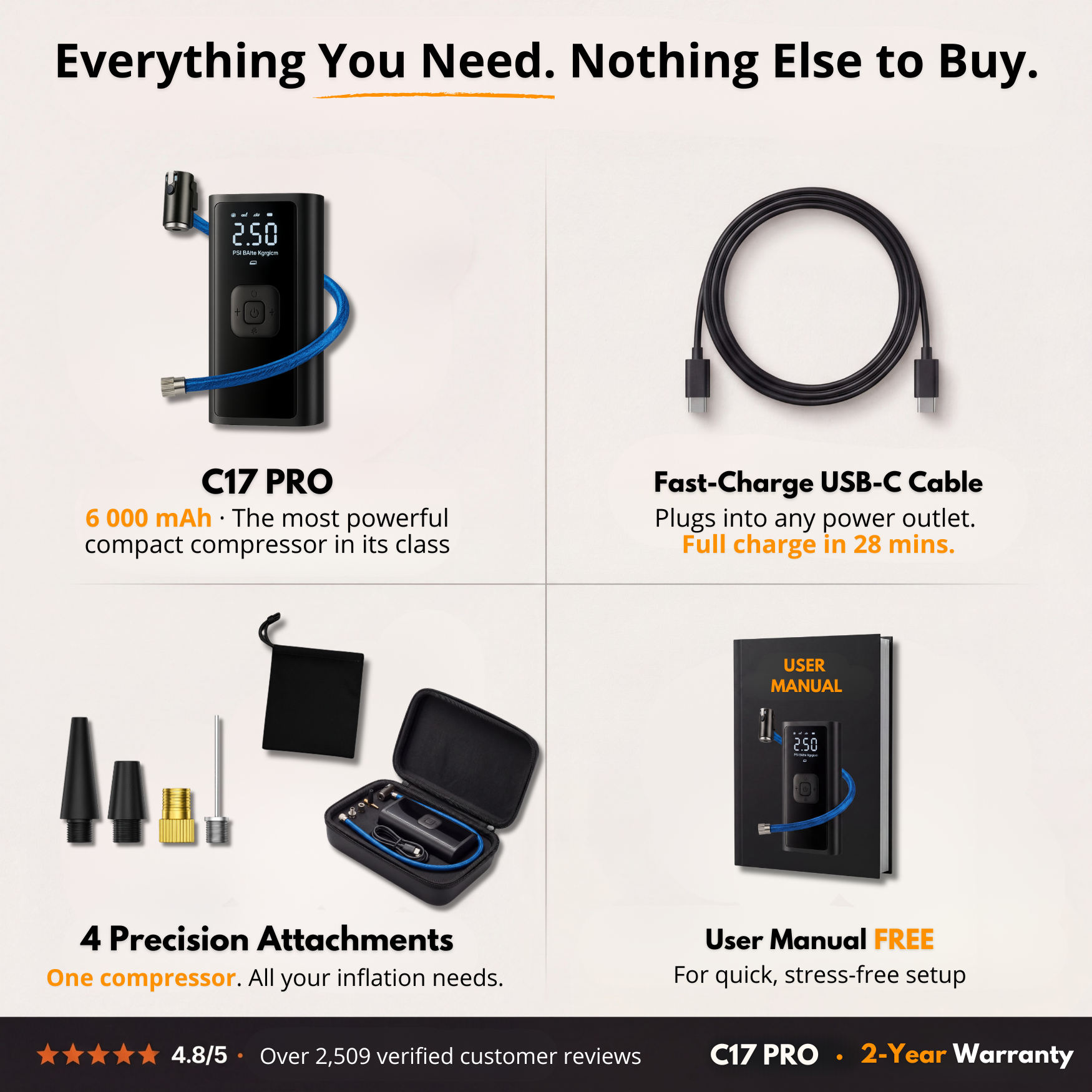 C17 PRO | Powerful Portable Air Compressor – Compact, Lightweight and Rechargeable