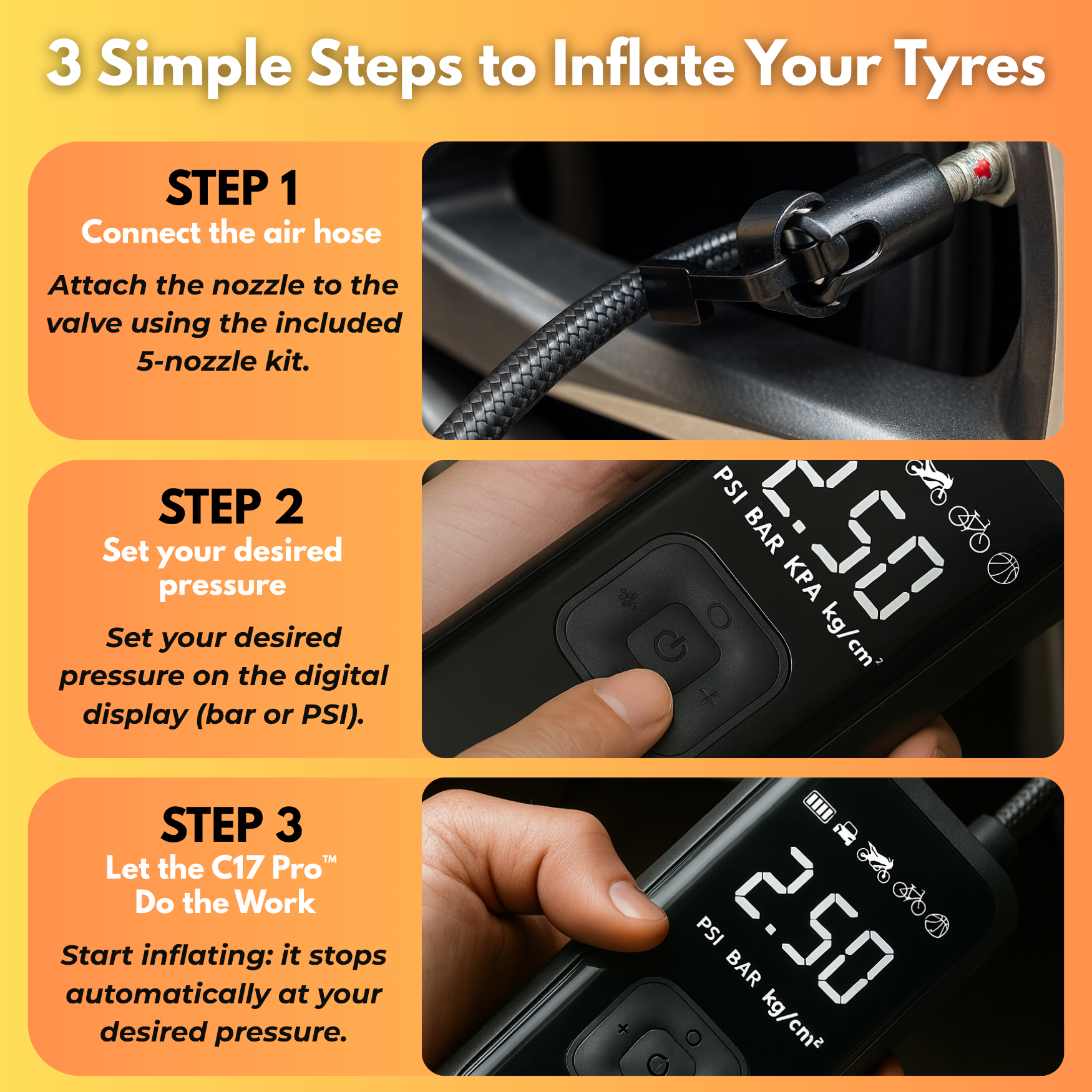 C17 PRO | Powerful Portable Air Compressor – Compact, Lightweight and Rechargeable