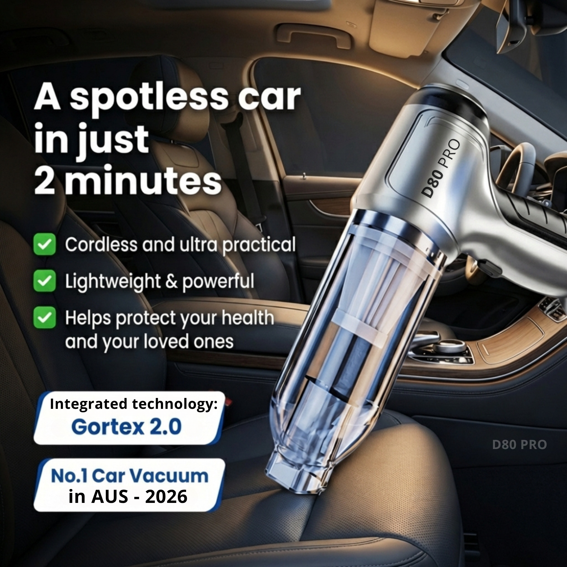 D80 PRO | Powerful Cordless Car Vacuum – Compact, Lightweight and Rechargeable